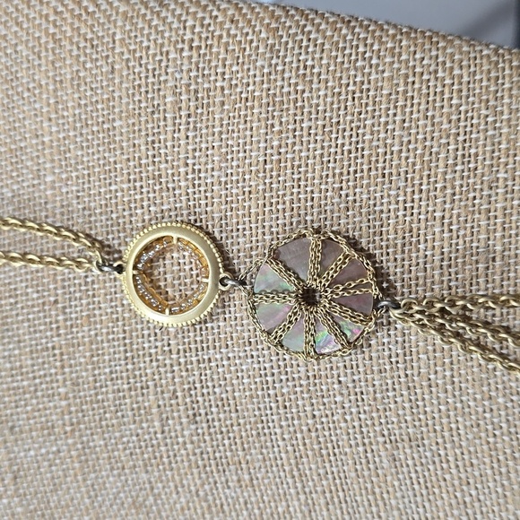 Gold Tone Multi Layered Open Circle Medallions Necklace, Mother of Pearl Discs - Picture 7 of 11
